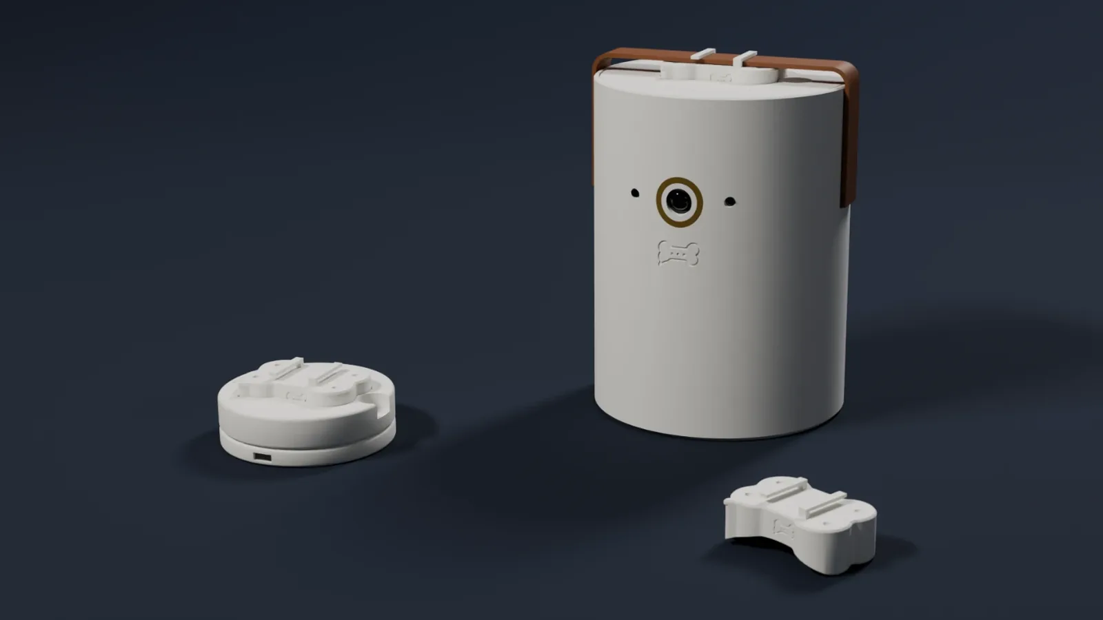 Render of the Bark.AI hardware on navy: the Plus base, a white cylinder camera with a gold lens ring and the bone logo, with the Bark Tag docked in its top and the collar draped over it; a round white Lite base; and a spare Bark Tag.