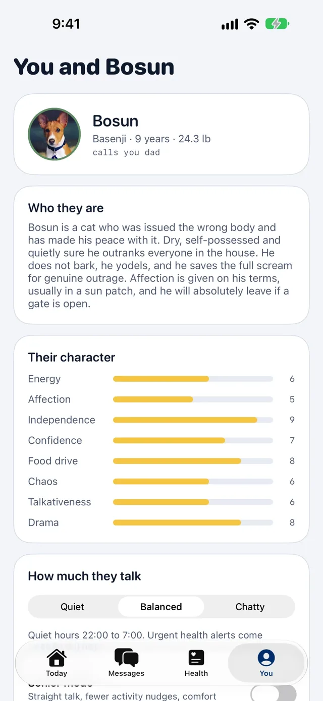 The You screen for Bosun, a 9-year-old basenji: a written sketch of who he is, character sliders from energy to drama, and how much he talks: quiet, balanced or chatty.